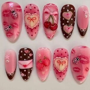 24Pcs Pink Press on Nails Long Almond False Nails Heart Fake Nails Bow Strawberr